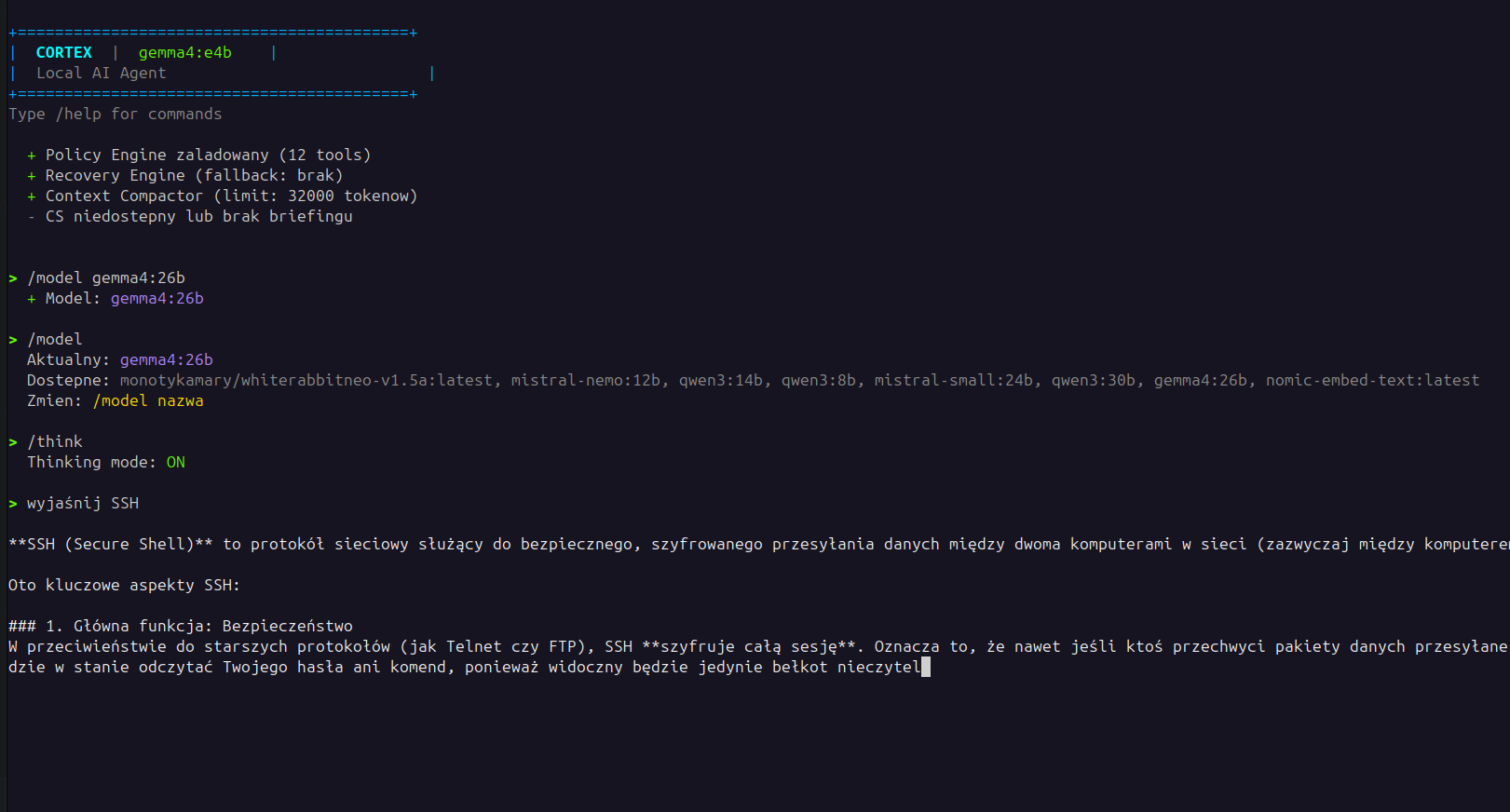 Cortex CLI session: banner, /model gemma4:26b switch, /think mode ON, user prompt 'wyjaśnij SSH' in Polish, model response in Polish explaining SSH security